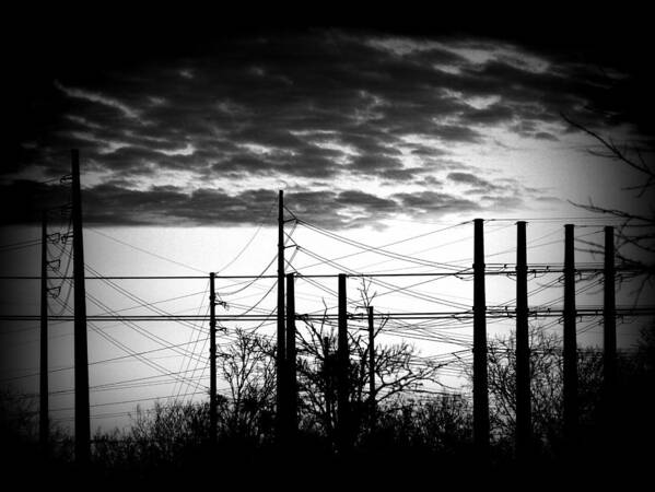 Power Lines Art Print featuring the photograph Electric Sunset Two black and white by James Granberry