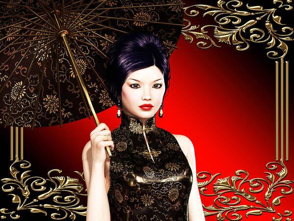 asian Ladyelegant Asianasian Womanoriental Womanred Asianasian Artworkelegant Oriental Wall Artworkred And Blackred And Goldblack And Redchinese Artchinese Womanelegant Chinese Womanasian Umbrellachinese Parasolchinese Umbrellajapanese Womanjapanese Ladyjapanese Wall Artelegant Red Black Gold Asian Chinese Japanese Woman Lady Art Print featuring the digital art Elegant Asian Woman by Legend Imaging