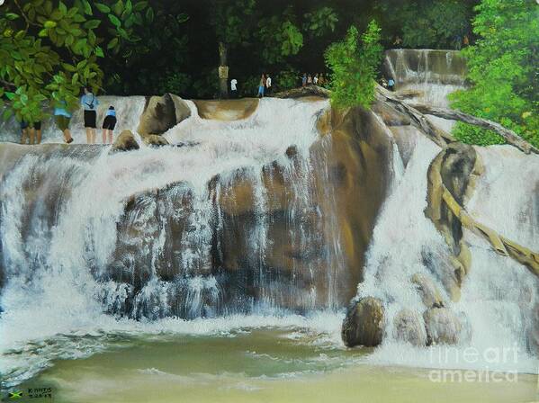 Water Art Print featuring the painting Enjoying Dunns River Falls Jamaica by Kenneth Harris