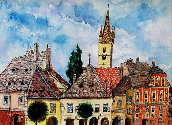 Landscape Art Print featuring the painting Evangelical Church Tower from Sibiu Transylvania by ITI Ion Vincent Danu