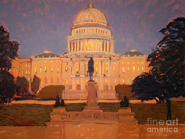 Capitol Art Print featuring the painting Evening at the capitol by Monica Elena