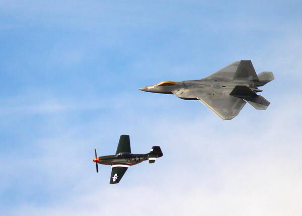 F-22 Art Print featuring the photograph F-22 and P-51 Heritage Flight by Saya Studios