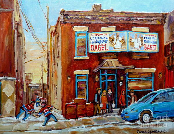 Montreal Art Print featuring the painting Fairmount Bagel In Winter Montreal City Scene by Carole Spandau
