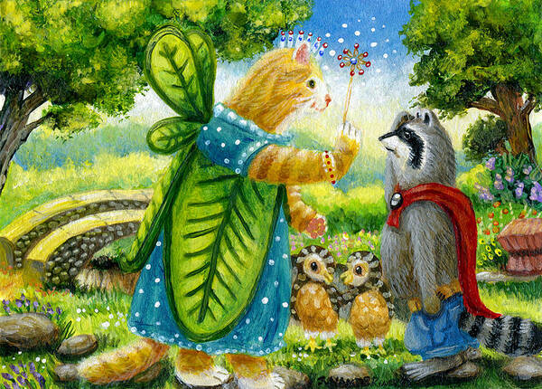 Tabby Cat Art Print featuring the painting Fairy Cat and the Raccoon by Jacquelin L Westerman