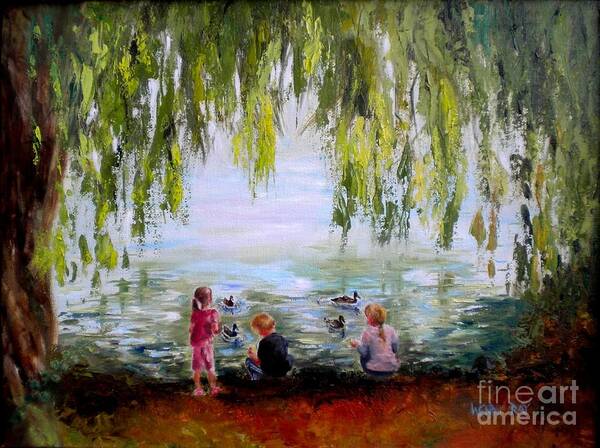 Oil Painting Art Print featuring the painting Feeding Ducks at Fort Dent Park by Wendy Ray
