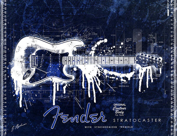 Fender Art Print featuring the digital art Fender Blueprint Washout by Gary Bodnar