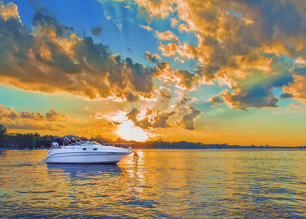Sunset Art Print featuring the photograph Fiery Sunset On Lake Minnetonka by Bill and Linda Tiepelman
