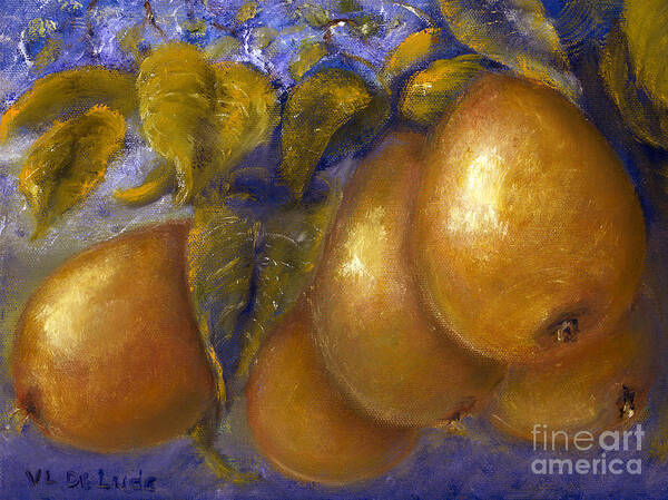 Pears Art Print featuring the painting Fine Art Golden Pears with Blue and Green by Lenora De Lude
