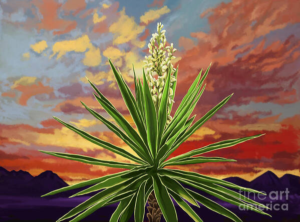 Fire Sky Art Print featuring the painting Fire Sky Desert Blooming Yucca by Tim Gilliland