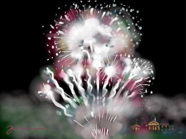 Fireworks Art Print featuring the painting Fireworks On High School Hill by Jean Pacheco Ravinski