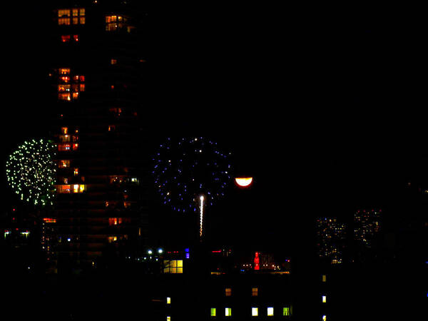 Fireworks Art Print featuring the photograph Fireworks Over Miami Moon II by Culture Cruxxx