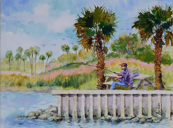River Art Print featuring the painting Fishing on the Peir by Jyotika Shroff