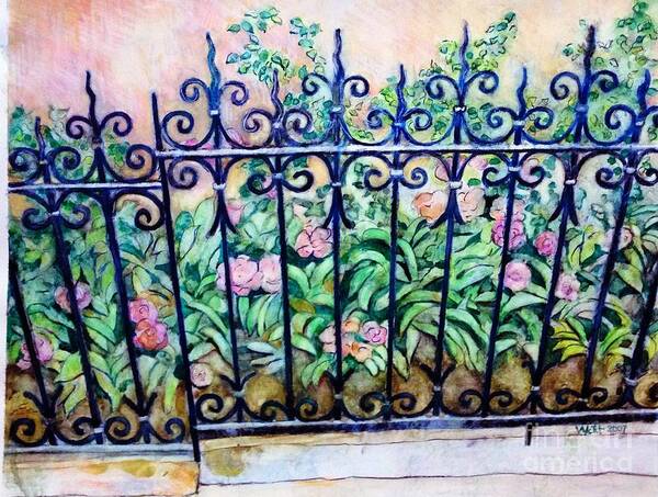 Flowers Art Print featuring the painting Flowers and Fence on Eighth Avenue by Nancy Wait
