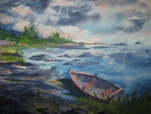 Rowboat Art Print featuring the painting Forgotten Rowboat by Ellen Levinson