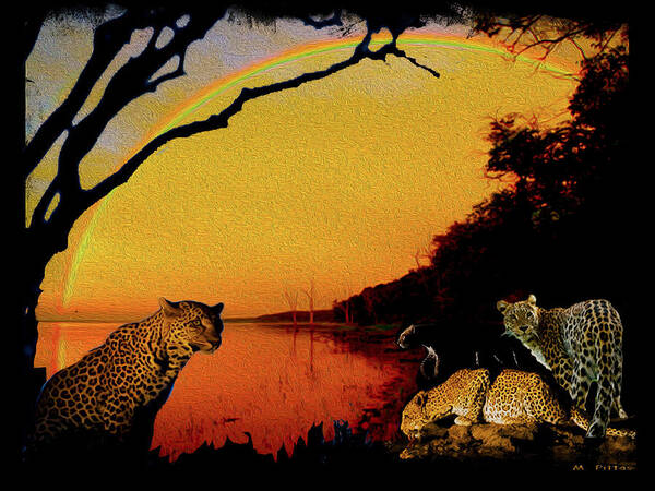 Panther Art Print featuring the mixed media Four At Waterhole by Michael Pittas