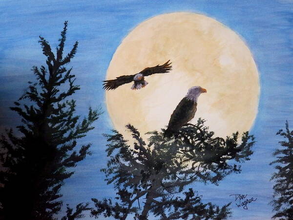 Eagles Art Print featuring the painting Full Moon Eagle Flight by Dan Wagner