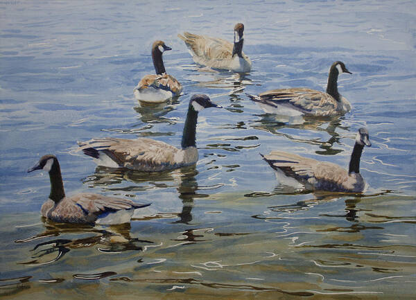 Geese On A Nice Lake At Noon Art Print featuring the painting Geese by Helal Uddin