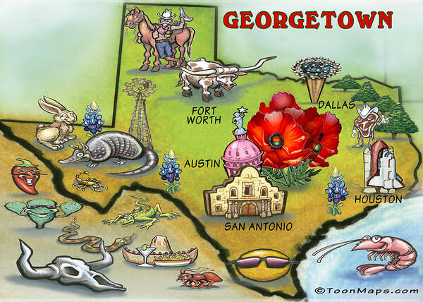 Georgetown Art Print featuring the painting Georgetown Texas Cartoon Map by Kevin Middleton