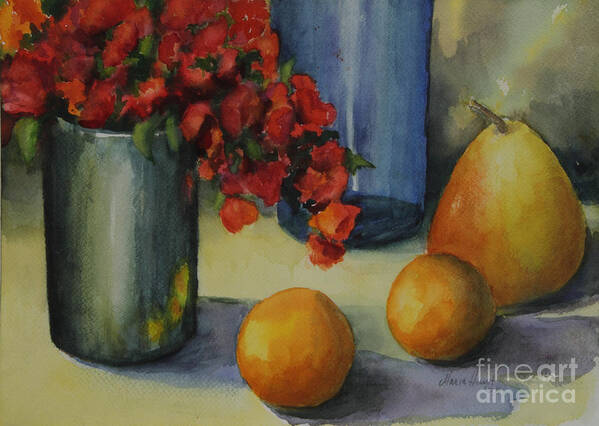 Pewter Vase Art Print featuring the photograph Geraniums with Pear and Oranges by Maria Hunt