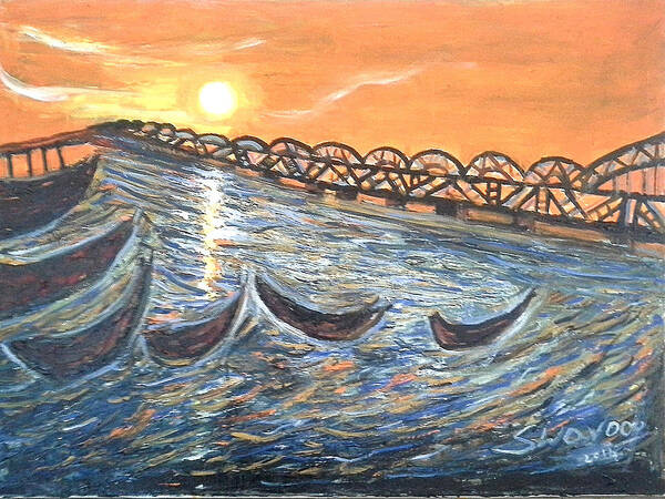 Godavari River And Bridge Art Print featuring the painting Godavari River And Bridge by Anand Swaroop Manchiraju