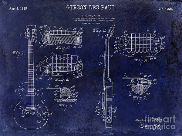Gibson Art Print featuring the photograph Gibson Les Paul Patent Drawing Blue by Jon Neidert
