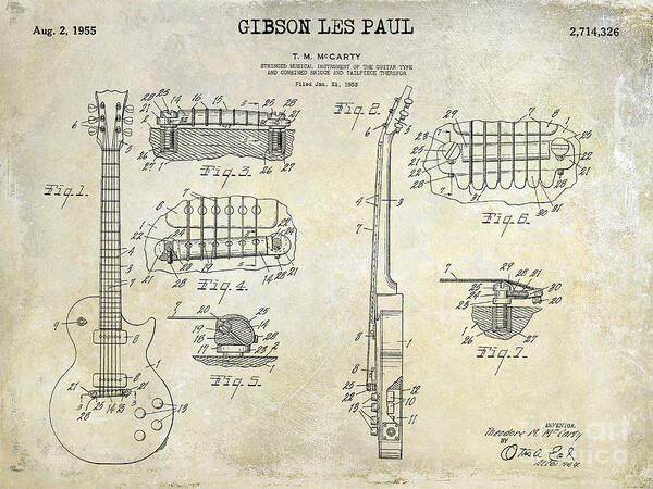 Gibson Art Print featuring the photograph Gibson Les Paul Patent Drawing by Jon Neidert Gibson Art Print featuring the photograph Gibson Les Paul Patent Drawing by Jon Neidert