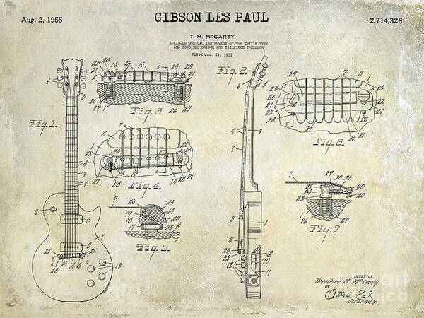 Gibson Art Print featuring the photograph Gibson Les Paul Patent Drawing by Jon Neidert