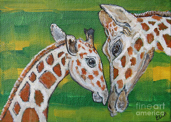 Giraffe Art Print featuring the painting Giraffes Artwork - Learning and Loving by Ella Kaye Dickey