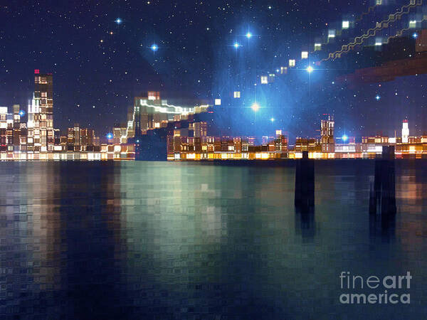 Manhattan Art Print featuring the digital art Glass Block Brooklyn Bridge Among the Stars by Beverly Claire Kaiya