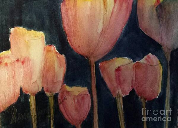 Floral Art Print featuring the painting Glowing Tulips by Sherry Harradence