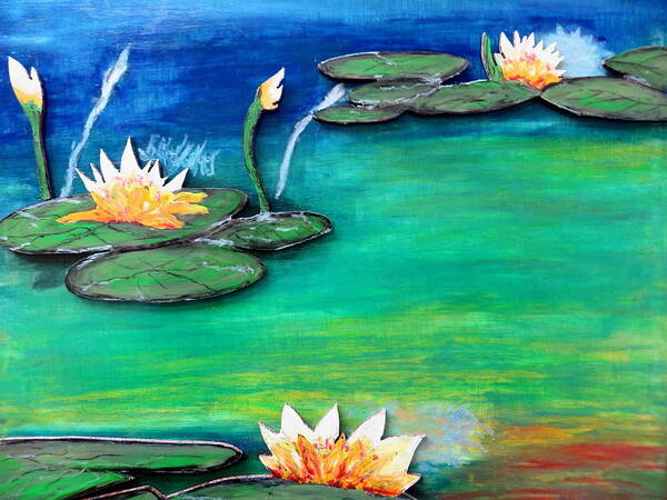 Water Shadow Sun Still Pond Flowers Lillies Pads Color Blue Water Light Dark Nature Series Art Print featuring the pastel Golden Lillies by Daniel Dubinsky