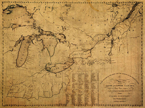 Great Lakes Art Print featuring the mixed media Great Lakes and Canada Vintage Map on Worn Canvas Circa 1812 by Design Turnpike