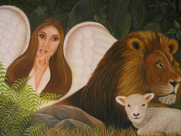 Lion And The Lamb Art Print featuring the painting Guardian Angel by Kay Daniels