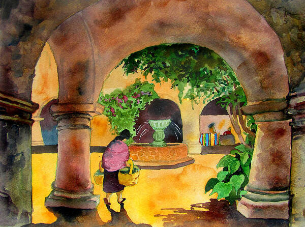 Monastery Guatemala Courtyard Woman Shadows Trees Foliage Fountain Columns Antigua Light Yellow Purple Art Print featuring the painting Archway by James Huntley