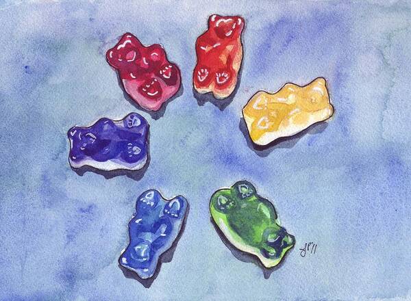 Watercolor Art Print featuring the painting Gummi Bears on Blue by Johanna Pabst