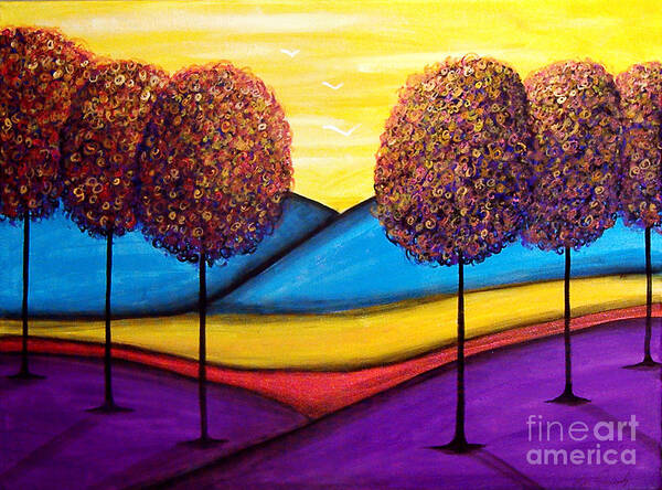 Trees Art Print featuring the painting Happy Trees With Blue Hills by Lee Owenby