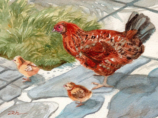 Hen And Chicks Art Print featuring the painting Hen and Chicks by Janet Zeh