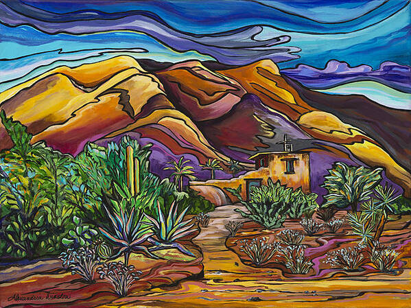 Degrazia Mission Art Print featuring the painting Hidden in the Hills-DeGrazia Mission in the Sun by Alexandria Winslow