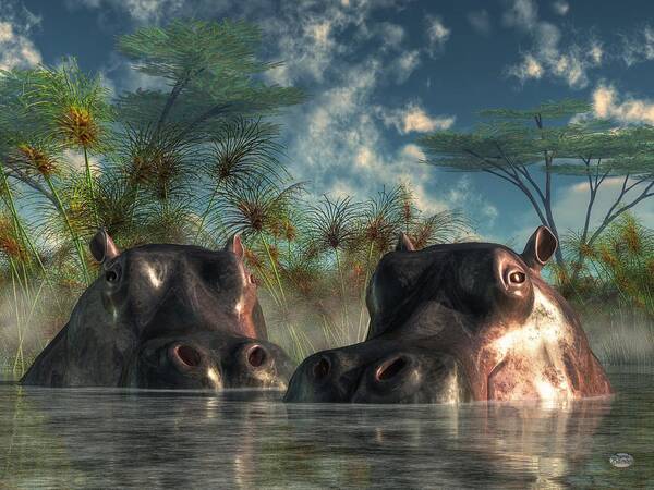 Hippo Art Print featuring the digital art Hippos Are Coming To Get You by Daniel Eskridge