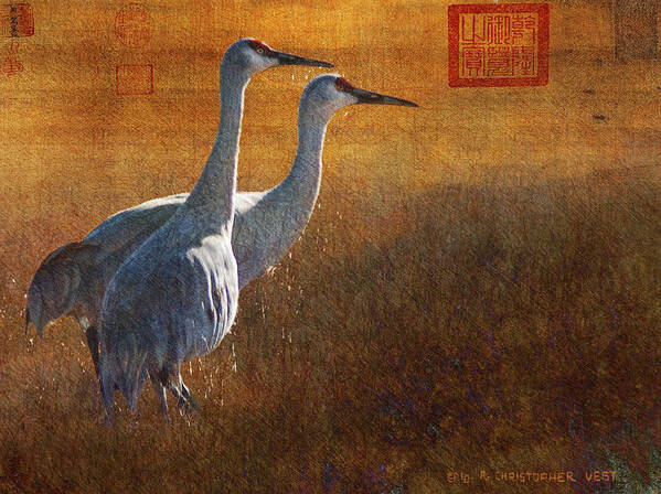 Hirosige Art Print featuring the painting Hirosige Cranes Gold Leaf by R christopher Vest