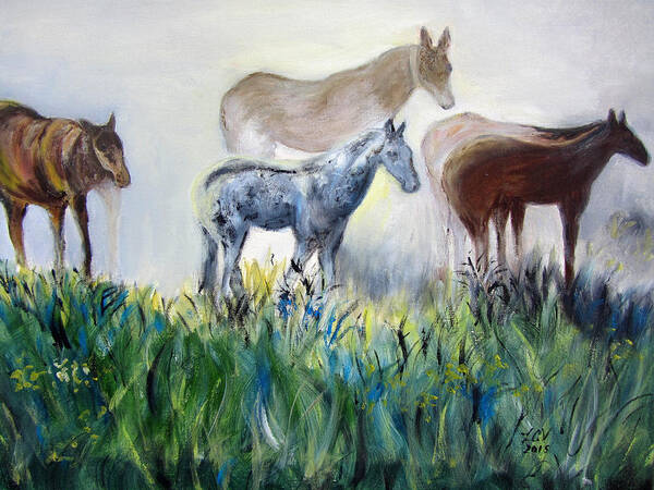 Horses Art Print featuring the painting Horses in the Fog by Lucille Valentino