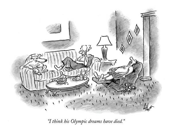 Sports Problems Olympics Incompetents

(woman Talking On Phone About Her Husband Asleep In A Recliner.) 119038 Fco Frank Cotham Sumnerperm Art Print featuring the drawing I Think His Olympic Dreams Have Died by Frank Cotham