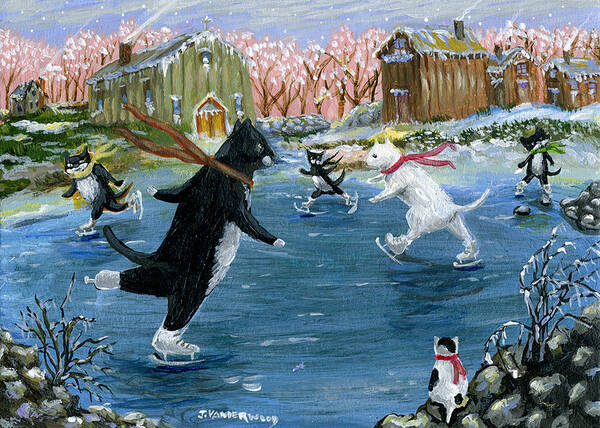 Black And White Cats Art Print featuring the painting Ice Skating on the Lake by Jacquelin L Westerman