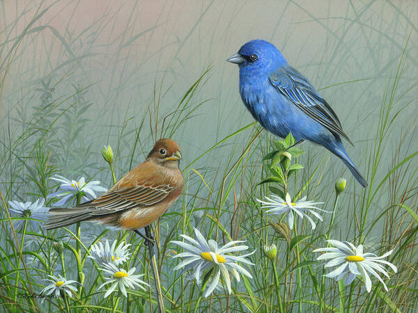 Blue Birds Art Print featuring the painting Indigo Bunting by Mike Brown