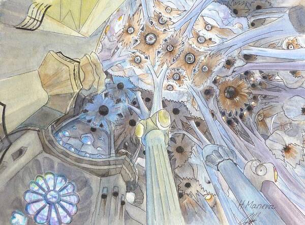 Architecture Art Print featuring the painting Inner Sagrada Familia by Henrieta Maneva
