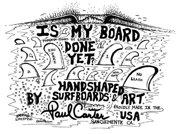 Surfboardfinsdrawing Art Print featuring the drawing Is my board done yet #1 by Paul Carter
