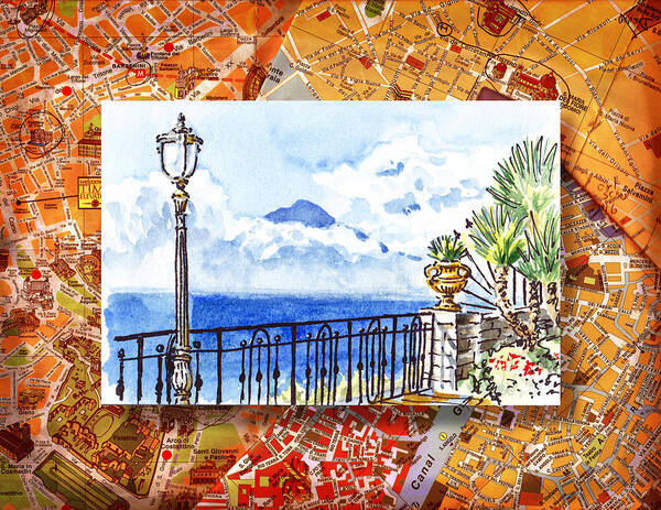 Italy Art Print featuring the painting Italy Sketches Sorrento View On Volcano Vesuvius by Irina Sztukowski