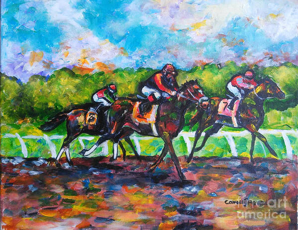 Derby Art Print featuring the painting Its a Three Horse Derby Race by Carole Powell