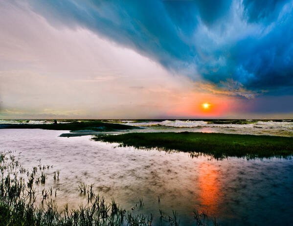 Bay Art Print featuring the photograph Landscape-Storm at Sea Sunset-Rain Ripples-Blue Clouds by Eszra