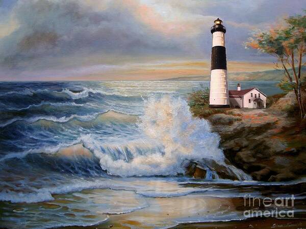  Big Sable Point Michigan Lighthouse Oil Painting Art Print featuring the painting Big Sable Point Lighthouse with crashing waves by Regina Femrite